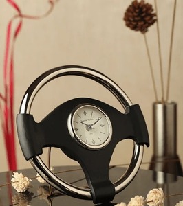 Steering Wheel Desk <b>Clock</b> Circular Battery Operated Quartz Movement <b>Silver</b> Metal Modern Design - Product Image 4