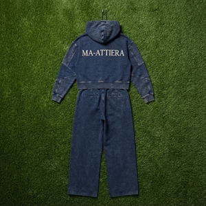 Custom <b>Women</b> Acid Wash <b>Navy</b> Blue Cropped Hoodie Wide Leg Jogger Set Cotton Fleece Streetwear Tracksuit OEM Wholesale - Product Image 5