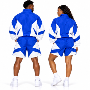 Conjunto Deportivo Unisex Azul y Blanco con Estampado Geométrico, Chaqueta con Cierre de Cremallera, Pantalones Cortos de Secado Rápido para Primavera - Product Image 3