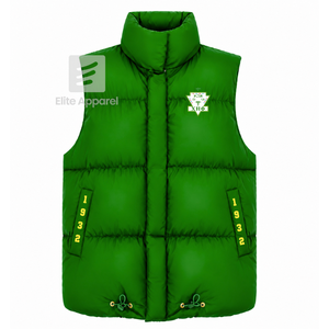 Custom Chi Eta Phi sorority Puffer vest embroidered logo on front green and yellow color <b>sleeveless</b> <b>jacket</b> for female - Product Image 1