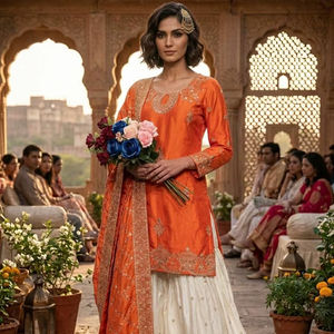 Conjunto de Kurti Sharara de seda bordada naranja con Dupatta |   Traje Étnico Pakistaní Indio para Mujer, para Bodas y Fiestas - Product Image 1