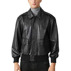 Blouson aviateur en cuir véritable marron pour homme, col rabattu, fermeture éclair, vêtement décontracté pour l'automne - Product Image 2