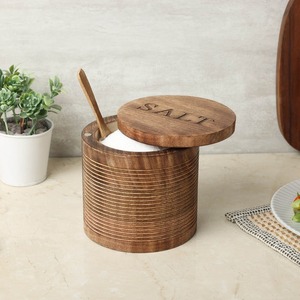 Tarro de Almacenamiento de Madera Tallada con Diseño del Templo Ram Janmabhoomi y Tapa de Mármol, Tradición India en Decoración del Hogar - Product Image 1