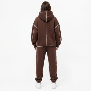 <b>Drop</b> Shoulder Distressed Embroidered Hoodie French Terry Sweatpants Set Outer Seam Pullover Fleece Hood Winter Jogger Track Set - Product Image 2