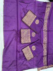 Sari de Seda Suave Morado con Borde de Zari Dorado, Estilo Kanchipuram, para Bodas Tradicionales Indias, Invierno, Sin Arrugas, Protección Solar - Product Image 6