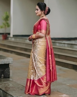 Sari Tradicional Banarasi de Seda Kanjivaram Tejido KV con Blusa sin Costuras Reversible, Antiarrugas y de Secado Rápido para Fiestas de Otoño