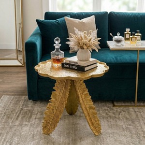 Forever Stylish Modern <b>Gold</b> Feather Side <b>Table</b> With <b>Round</b> Top For Living Room Furniture - Product Image 2