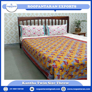 Hand Block Printed Kantha Cotton Twin Quilt 150x220 cm Hand Embroidered Indian Handmade <b>Throw</b> Bedspread Traditional Home Textile - Product Image 2