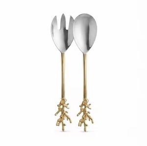 Ensemble élégant de couverts de service pour salade avec manche doré, fourchette et cuillère en métal, finition miroir, compatible lave-vaisselle, pour mariage - Product Image 5