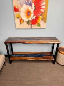 Console d'entrée rectangulaire à double étagère en bois massif et résine époxy bleue, faite à la main, moderne, avec rangement, pour mariage et intérieur - Product Image 2