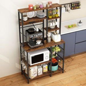 Scaffale per Forno a Microonde a 4 Livelli in Truciolato Marrone Retrò 96,8*40*170cm con 10 Ganci e 6 Barre - Product Image 3