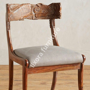 Luxury Handcrafted Solid Wood Dining Chair Ornate Fox Animal Carving Grey Fabric Upholstered <b>Seat</b> - Product Image 2