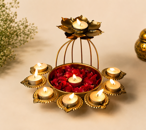 Handcrafted <b>Metal</b> Lotus Urli with 9 Tealight Holders Lid Decorative Diya <b>Bowl</b> for Home Festive Christmas & Wedding Use - Product Image 2