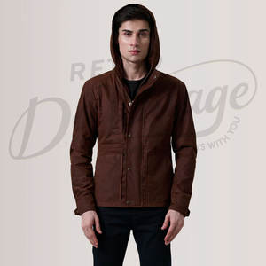 Veste en toile cirée marron pour homme, résistante à l'eau, à capuche, veste de plein air décontractée, coupe ajustée, veste de campagne en coton avec poches - Product Image 2