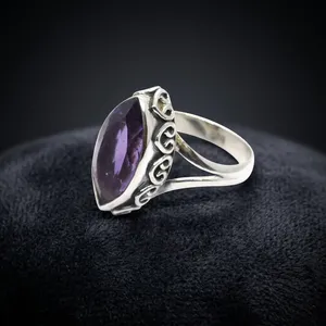 925 Sterling Silver Amethyst Ring Marquise Cut Bezel Setting Vintage Gemstone Jewelry Unisex Everyday Wear - Product Image 3