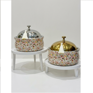 Plat de service isotherme double en acier inoxydable avec motif toile de Jouy bleu, design émaillé, antiadhésif et durable, pour maintenir les aliments au chaud - Product Image 6