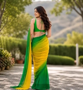 Sari de Rayón Verde y Amarillo Elegante KV con Blusa Sin Coser, Sin Arrugas, Reversible, para Otoño, Playa y Fiestas - Product Image 2