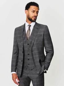 Costume 3 pièces gris à carreaux pour homme, style britannique, simple boutonnage, mélange de laine, col cranté, braguette boutonnée, coupe classique - Product Image 6