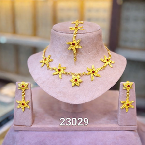 Flower Pattern Gold Plated Alloy Necklace <b>Earrings</b> Set Red Cubic Zirconia Imitation Pearl for Women Wedding Anniversary Gift - Product Image 1