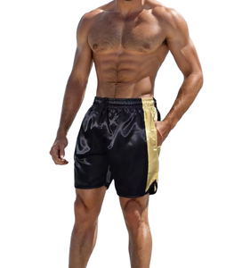 Pantalones cortos de boxeo de satén dorado negro Pantalones cortos de entrenamiento casuales Pantalones cortos de playa para correr con cordón - Product Image 5