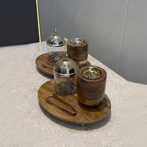 Wooden <b>Bakhoor</b> Burner Set With Glass Jar Gold Metal Lid & Ball Footed Serving Tray Arabic Incense <b>Oud</b> Holder Home Decoration - Product Image 4