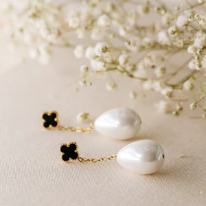 Black Clover Pearl Drop Earrings Dangle Baroque Teardrop <b>Studs</b> 925 Sterling <b>Silver</b> 14K Gold Plated Cute Anniversary & Party - Product Image 1