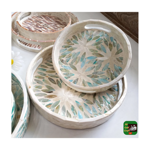 Bandeja de servir de nácar con incrustaciones florales verdes, pulida, para uso doméstico, bandeja de desayuno de nácar, bandeja de servir de nácar. - Product Image 6
