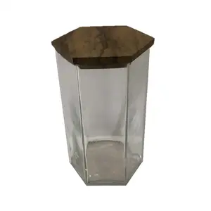 Doorschijnende Fancy Glas Hoge Kwaliteit Handgemaakte Decoratieve Multifunctionele Tall Hex Zilver Kwik Kaars Pot Met Mango Houten Deksel