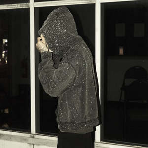 2026 Sweat à capuche zippé pour homme, personnalisé, coupe oversize et carrée, style streetwear tendance, effet vieilli, coupe courte, 100% French Terry, délavé à l'acide, avec strass - Product Image 2