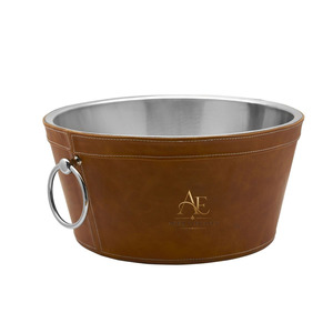 Luxury Brown Leather Stitched Double Wall Stainless Steel <b>Ice</b> Bucket Chrome Ring Handles Premium Party Matte Finish Beverage Tub - Product Image 1