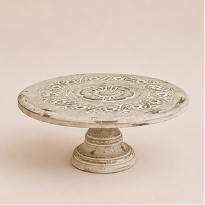 Handcrafted Vintage Distressed Mango Wood <b>Cake</b> <b>Stand</b> With Intricate Floral Carving Rustic Pedestal Dessert Display Riser Decor - Product Image 3