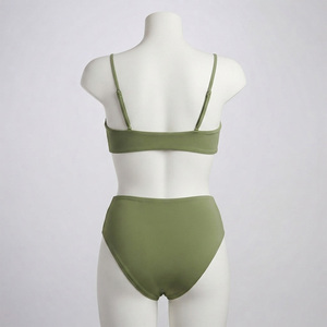 Women's Olive <b>Green</b> Eco-Friendly Breathable 2-Piece Bikini Set Crossed <b>Halter</b> <b>Top</b> High Waist Bottoms Solid Color Spandex Front - Product Image 3