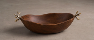 Heavy Duty Walnut Finished Mango Wood Serving Bowl Organic Centerpiece with Sculpted <b>Twig</b> Handles - Product Image 2