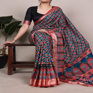 Sari en soie imprimée Tasar VASTRA COTTAGE avec bordure en viscose et pièce de blouse en soie Tasar pour tenue traditionnelle festive - Product Image 1