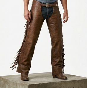 Chaps d'équitation western en cuir marron de qualité supérieure avec franges, équipement de protection des jambes pour l'équitation - Product Image 1