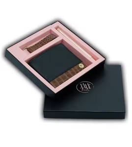 Ensemble cadeau portefeuille en cuir véritable pour homme avec stylo et porte-clés, porte-cartes pliable, poche à monnaie, avec logo personnalisé - Product Image 1