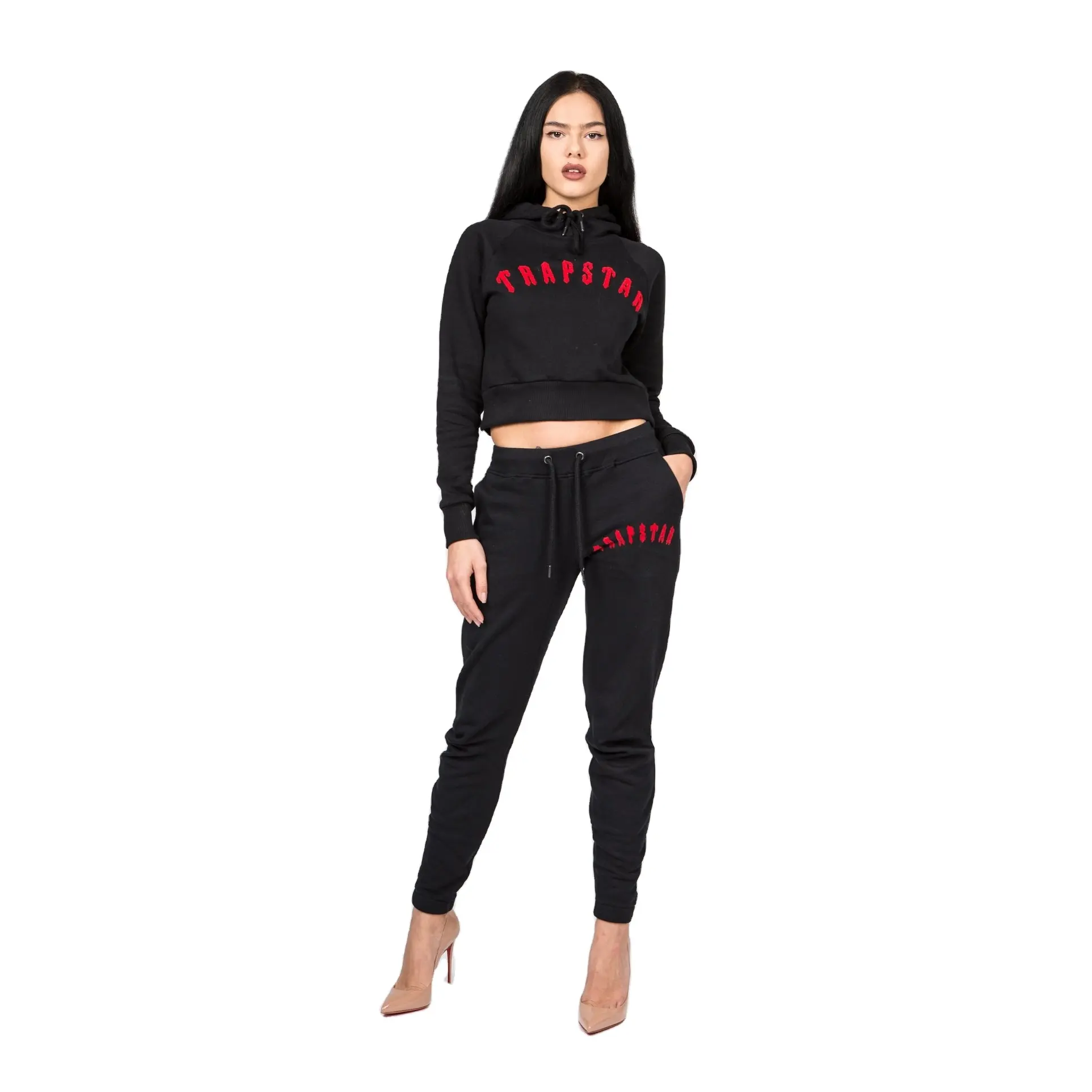 Women Red Chenille Tracksuit Trapstar London Womens Chenille Cropped Hoodie + Pants Tracksuit set