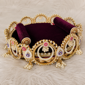 Handmade Maroon Velvet Puja Thali <b>Basket</b> Pearl Beaded Wedding Tray Decorative <b>Gift</b> <b>Hamper</b> for Festival Pooja Decor - Product Image 2