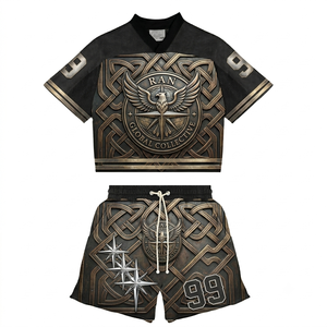 Ran Global Collective Unisex Streetwear <b>Crop</b> <b>Top</b> and Shorts Set Sublimation Print Geometric Design 99 Numbered Summer Wear - Product Image 1