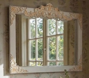 French country <b>white</b> carved <b>mirror</b> and 3 shelves, gold highlight rococo wall decor - Product Image 1
