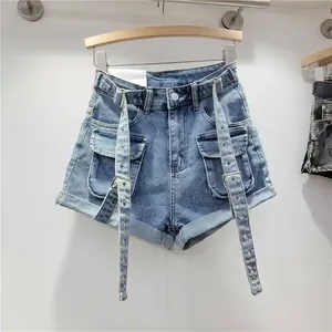 AMERICAN TRENCH CLOTHING Shorts de mujer de verano de talle alto, rasgados, de satén, transpirables, con estampado 3D vintage, lavado de color, con bolsillos y cremalleras - Product Image 2