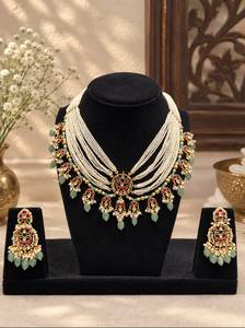 TISHYA DIAMOND Ethnic <b>Gold</b> Plated Imitation Pearl Brilliant Cut Necklace Earring <b>Set</b> Ruby Tassel Women's Wedding Jewelry Gujarat - Product Image 2