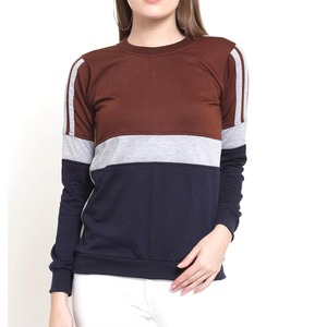 เสื้อสเวตเชิ้ตผู้หญิงสีบล็อก น้ำตาล เทา กรมท่า แขนลายทาง คอกลม ผ้าฝ้าย ทรงปกติ รับผลิตตามสั่ง จำนวนมาก - Product Image 1