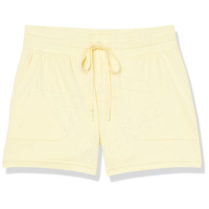 Women High Waist Drawstring <b>Shorts</b> Solid Yellow Knitted Cotton Spandex Casual Breathable With Pockets - Product Image 1
