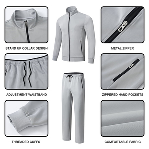 Ensemble de survêtement gris pour homme 2026, vente en gros, manches longues, fermeture éclair, couleur unie, col montant, pantalon de jogging, collection automne - Product Image 6
