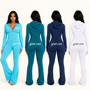 Conjunto de yoga para mujer con logotipo personalizado, chaqueta con cremallera, leggings acampanados, dos piezas, ropa deportiva de moda. - Product Image 6