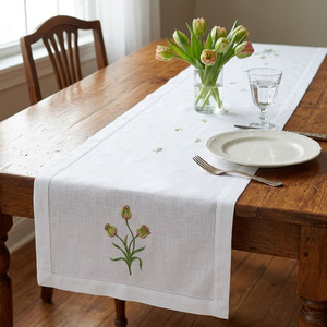Wholesale Customized White 100% Cotton <b>Table</b> <b>Runners</b> Embroidered Tulip Flower Hemstitch <b>Runner</b> Washable Durable Home Events - Product Image 1
