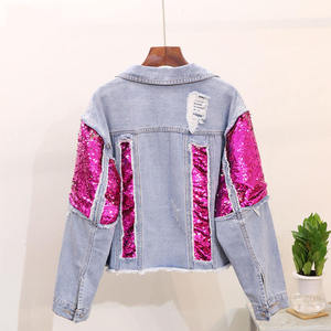 2026 Women's Distressed Denim <b>Jacket</b> With Pink <b>Sequin</b> Panels Loose Fit Casual Spring Denim <b>Jacket</b> For Women's Pakistani Supplier - Product Image 2