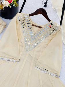 Elegant Beige Mirror Work <b>Kurta</b> Sharara Set with Dupatta | Designer Ethnic Wear Suit for <b>Women</b> | Festive Wedding Party Wear - Product Image 6