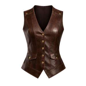Chaleco Gótico de Cuero Vacuno Negro 100% Original VIBE SEWN OEM para Mujer, Cuello en V, Doble Botonadura, Resistente al Viento, con Bolsillos Laterales, Sin Mangas - Product Image 4